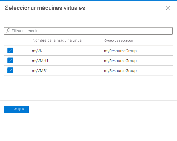 Captura de pantalla que muestra el panel para seleccionar máquinas virtuales.