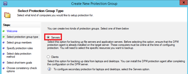 Captura de pantalla que muestra cómo seleccionar Tipo de grupo de protección: servidores.