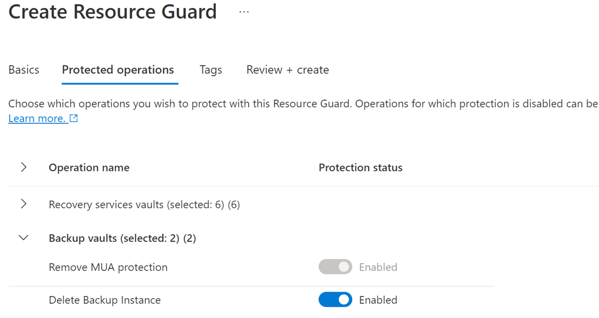 Captura de pantalla que muestra cómo seleccionar las operaciones que se van a proteger con Resource Guard.