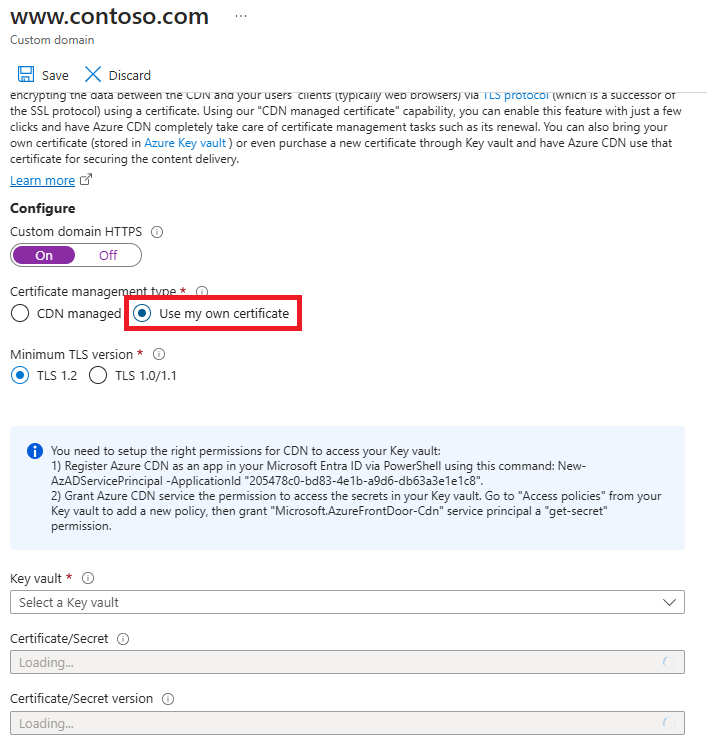 Captura de pantalla de cómo configurar el certificado para el punto de conexión de CDN.