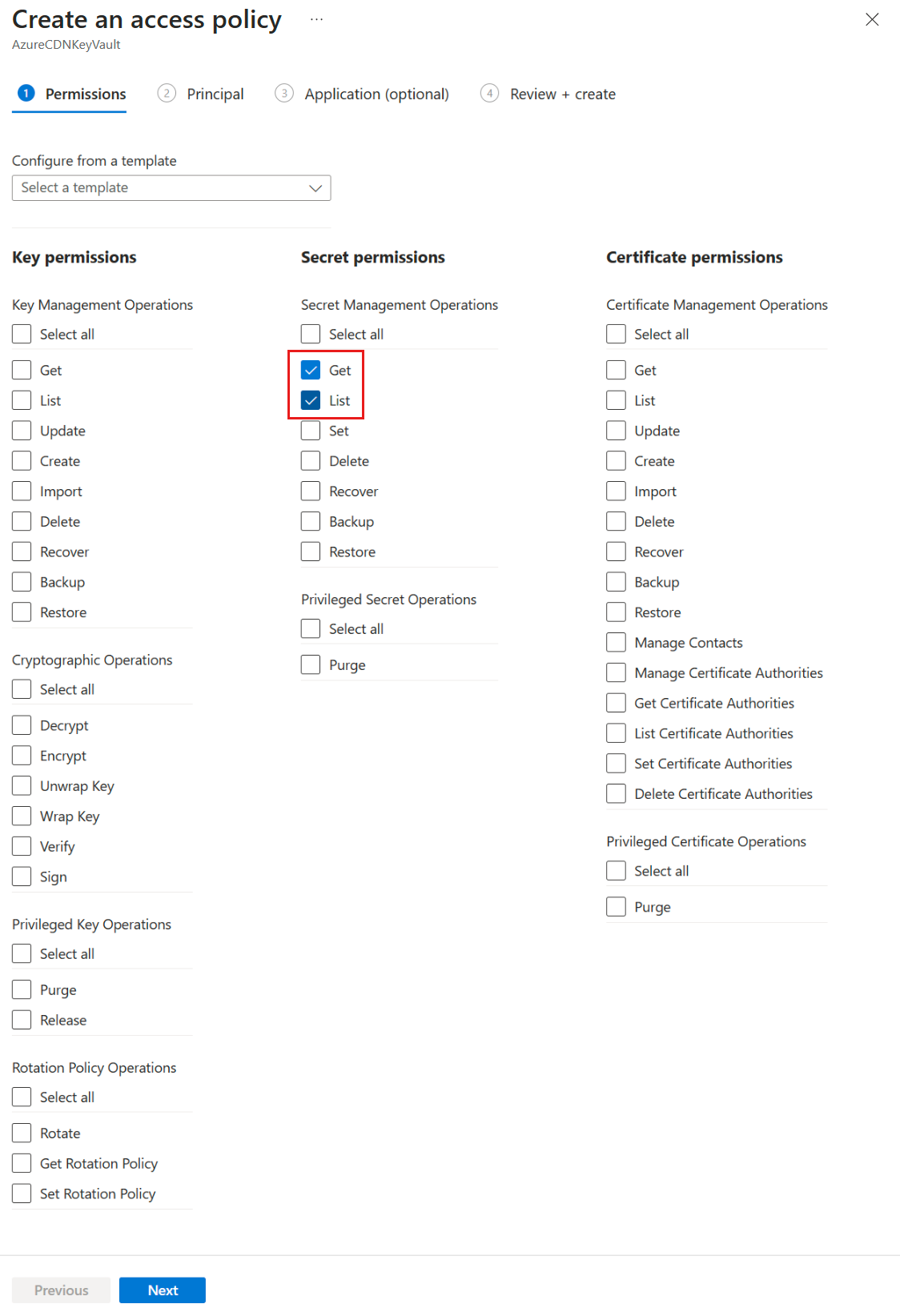 Recorte de pantalla de la pestaña permisos de la directiva de acceso de Key Vault.