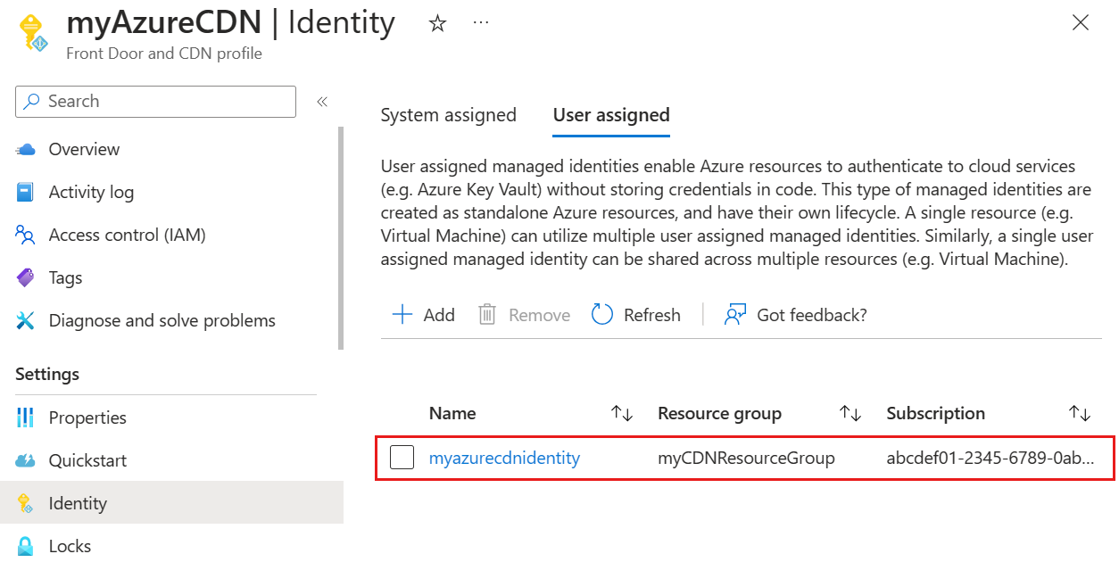 Recorte de pantalla de la adición de una identidad administrada asignada por el usuario agregada a un perfil de Azure Content Delivery Network.