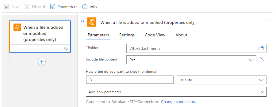 Screenshot shows Standard workflow designer, FTP managed connector trigger, and