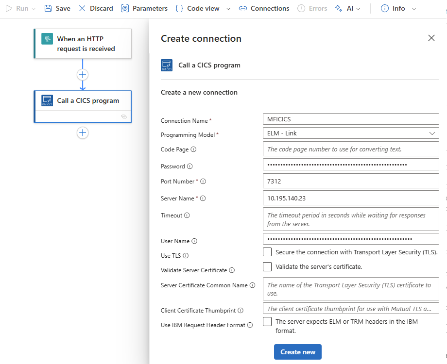 Screenshot shows CICS action's connection properties.