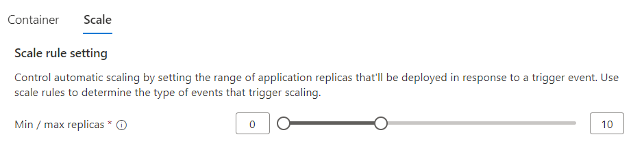 Captura de pantalla del control deslizante del intervalo de escalado de Azure Container Apps.