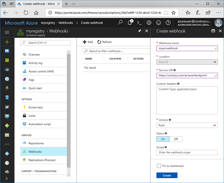 Captura de pantalla que muestra la interfaz de usuario de creación del webhook de ACR en Azure Portal.