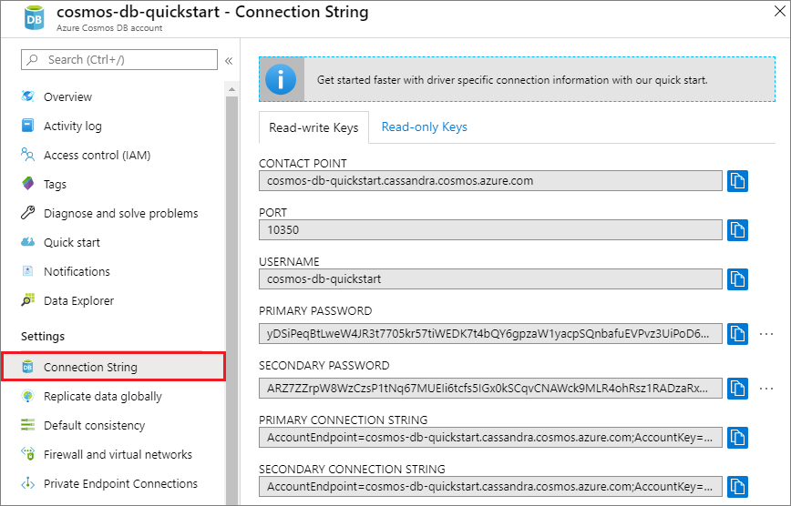 Visualizar y copiar un punto de contacto, una contraseña y un nombre de usuario de acceso en la hoja de la cadena de conexión de Azure Portal