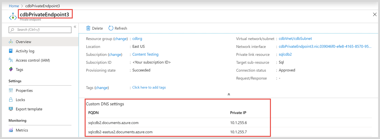 Captura de pantalla de direcciones IP privadas en Azure Portal