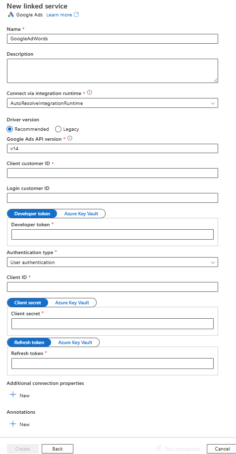 Captura de pantalla de la configuración del servicio vinculado de Google Ads.