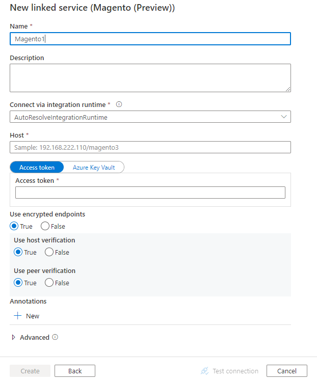 Captura de pantalla de la configuración del servicio vinculado para Magento