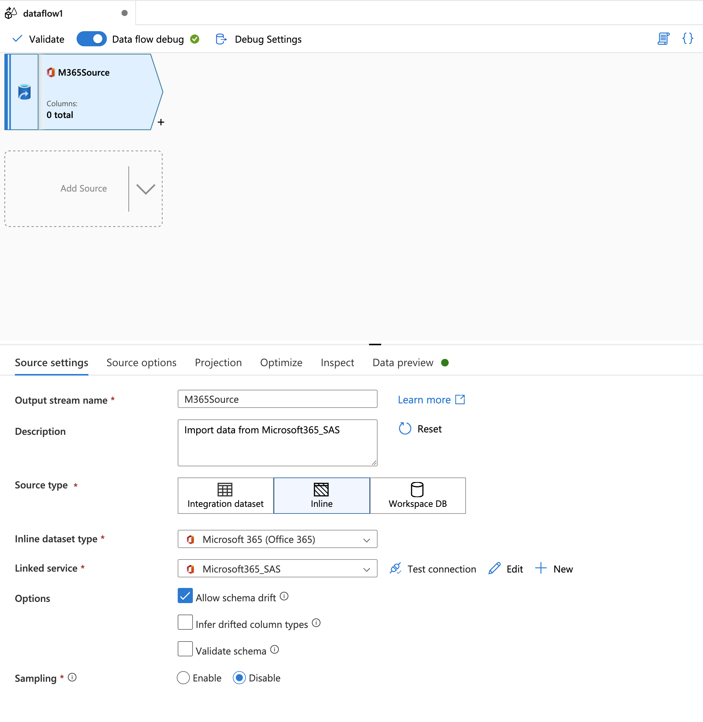 Captura de pantalla de la opción Seleccionar conjunto de datos en la configuración de origen del origen del flujo de datos de asignación.