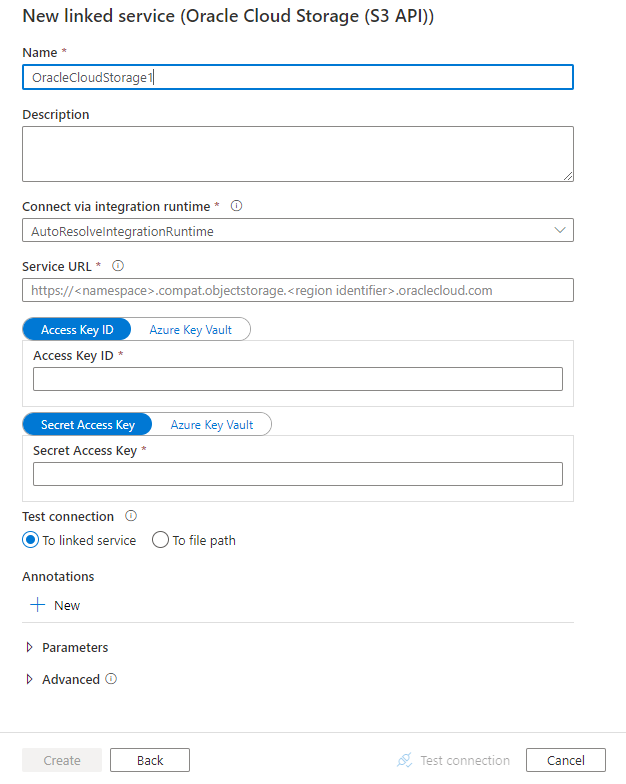 Captura de pantalla de la configuración del servicio vinculado en Oracle Cloud Storage.