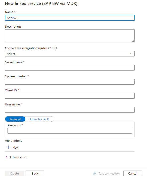 Configuración de un servicio vinculado a SAP BW.