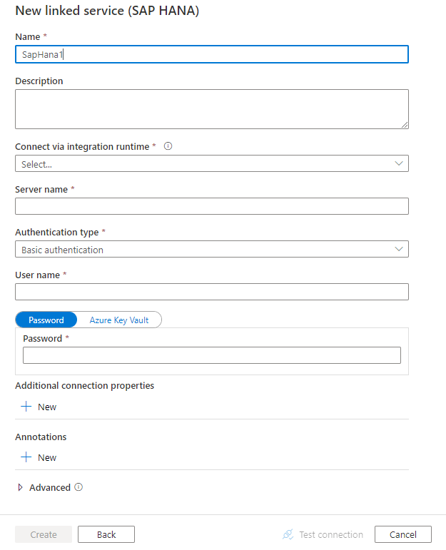 Screenshot of linked service configuration for SAP HANA.