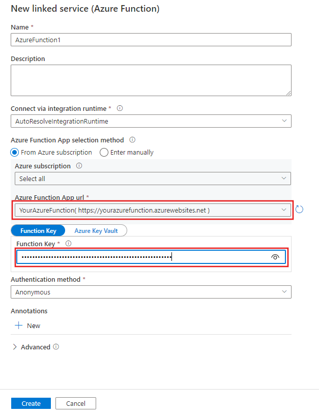 Muestra el nuevo panel de creación de servicios vinculados a funciones de Azure.