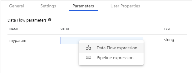 La captura de pantalla muestra la pestaña Parámetros con la expresión de Data Flow seleccionada para el valor de myparam.