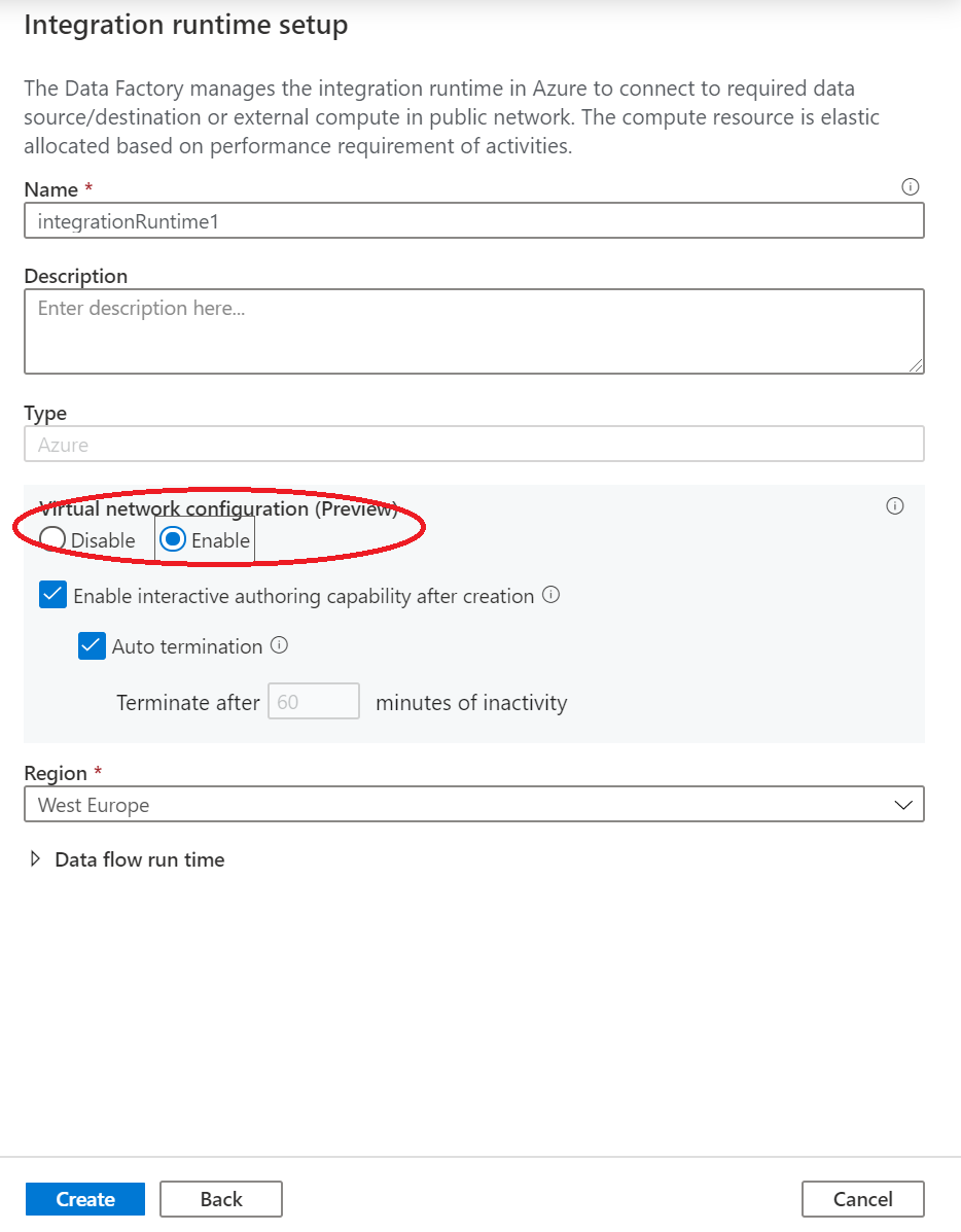 Captura de pantalla que muestra la habilitación de una nueva instancia de Azure Integration Runtime.