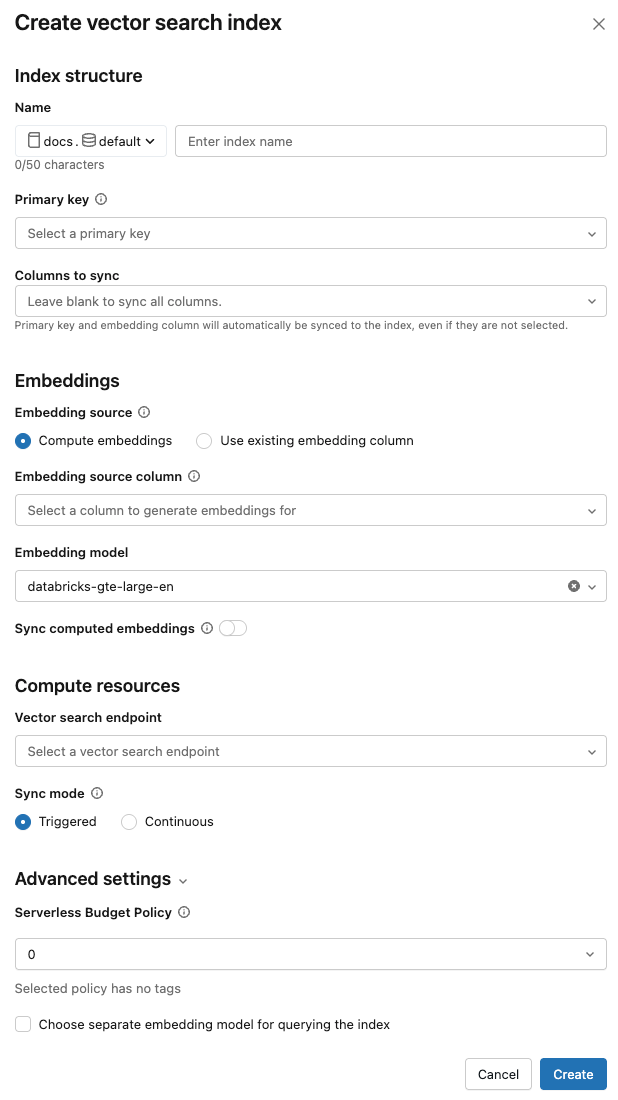 cuadro de diálogo crear índice