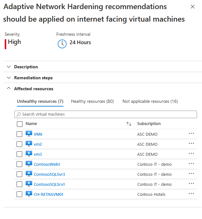 Página de detalles de la recomendación Las recomendaciones de protección de redes adaptables se deben aplicar en las máquinas virtuales orientadas a Internet.