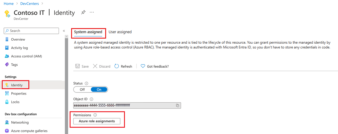 Captura de pantalla que muestra la asignación de roles de Azure para la identidad asignada por el sistema.