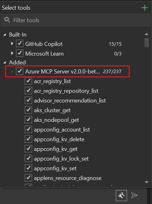 La captura de pantalla muestra el cuadro de diálogo para seleccionar las herramientas con el nodo servidor MCP de Azure seleccionado.