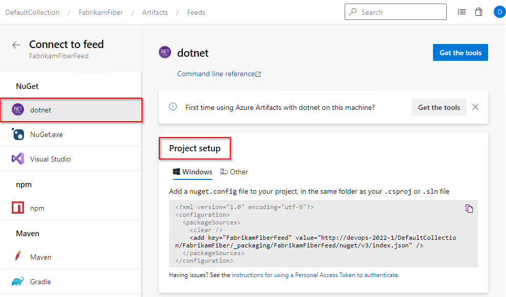 Captura de pantalla que muestra cómo conectarse a una fuente en Azure DevOps Server 2020 y 2022.