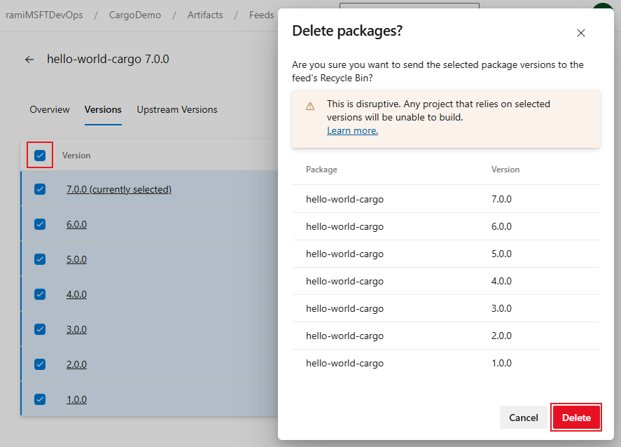 Captura de pantalla que muestra cómo eliminar todas las versiones de una fuente.