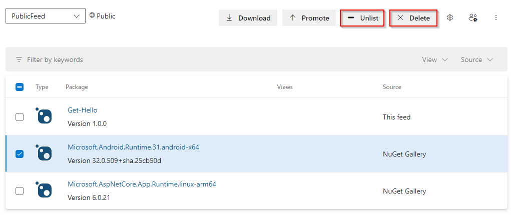 Captura de pantalla que muestra cómo eliminar o anular la lista de un paquete NuGet en Azure Artifacts.