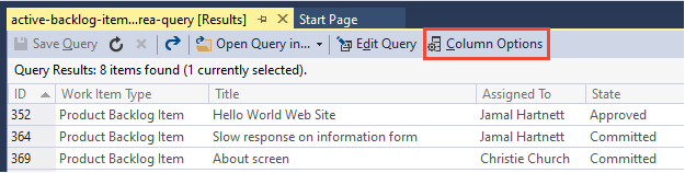 Captura de pantalla de los Resultados de la Consulta, Visual Studio, abrir Opciones de Columna.