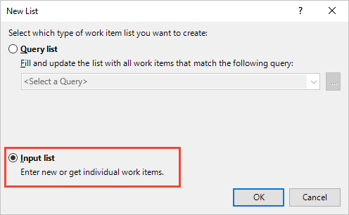 Captura de pantalla del cuadro de diálogo Nueva lista con la opción Lista de entrada resaltada.