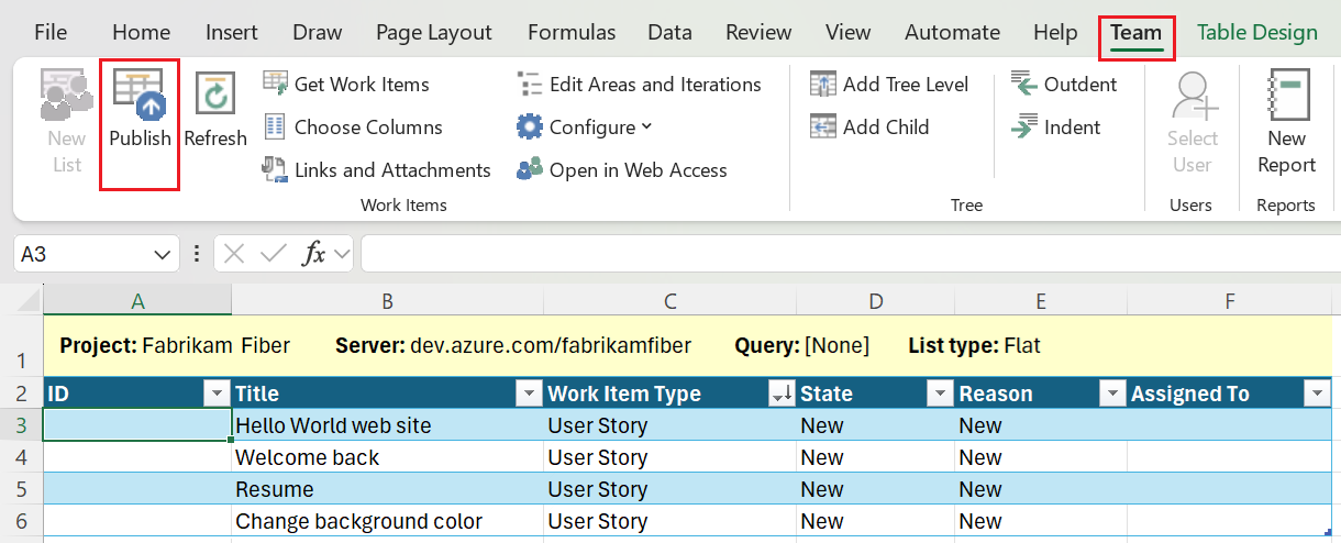 Captura de pantalla que muestra cómo publicar la hoja de cálculo.