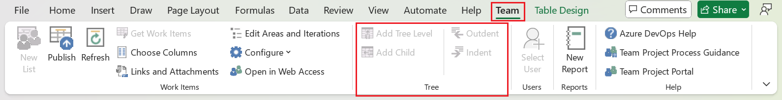 Captura de pantalla que muestra los comandos del grupo Árbol no disponibles (atenuados) en la cinta de opciones Equipo de Excel.