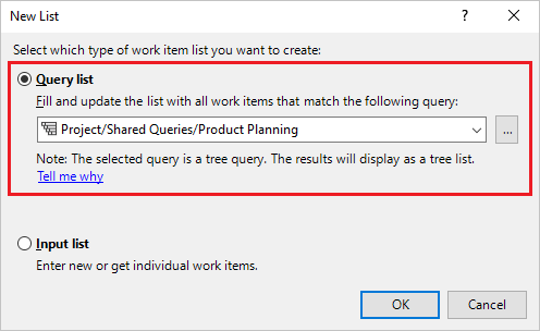 Captura de pantalla del cuadro de diálogo Nueva lista con la opción Lista de consultas resaltada.