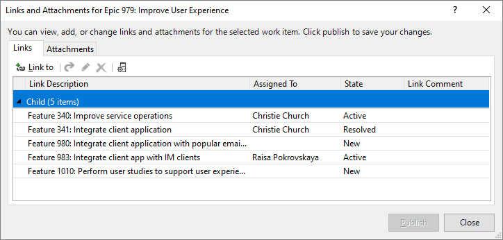 Captura de pantalla que muestra cómo seleccionar una columna en la lista de vínculos para ordenar la lista en ese campo.