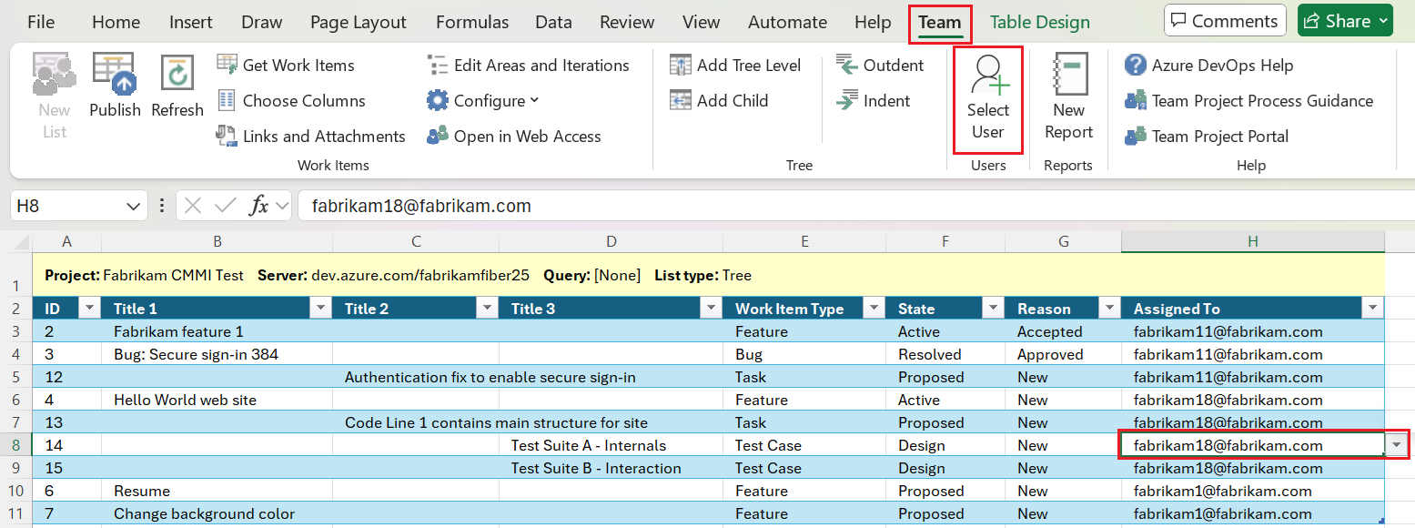 Captura de pantalla de la opción Seleccionar usuario disponible en la cinta de equipo para una identidad seleccionada o un campo de nombre de persona.