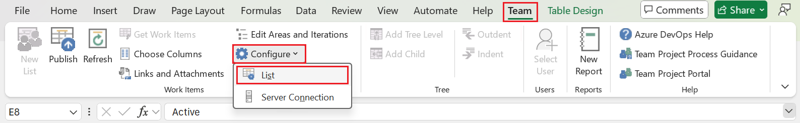 Captura de pantalla de la cinta de opciones Equipo con la opción Configurar, Lista resaltada.