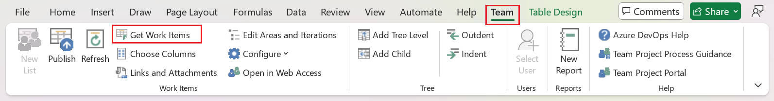 Captura de pantalla de la cinta equipo en la que se muestra la opción Obtener elementos de trabajo resaltada.