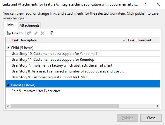 Captura de pantalla del cuadro de diálogo Vincular y archivos adjuntos que muestra los enlaces hijo y padre creados para una característica importada.