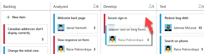 Captura de pantalla que muestra cómo mover un elemento dentro de una columna.