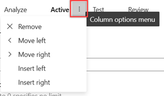 Captura de pantalla que muestra el menú de opciones de columna en Configurar opciones de panel.