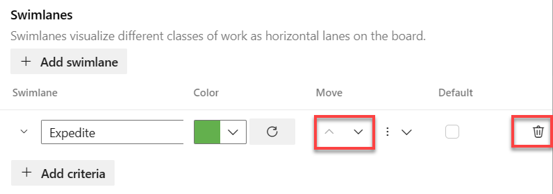 Captura de pantalla de las opciones para reordenar y eliminar carriles.