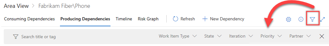 Captura de pantalla que muestra las opciones de filtro del seguimiento de dependencias.