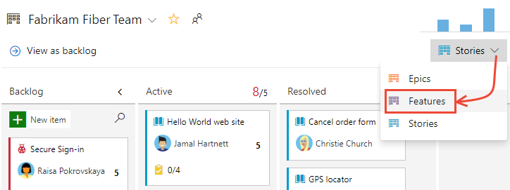 Captura de pantalla que muestra el selector del panel de características.