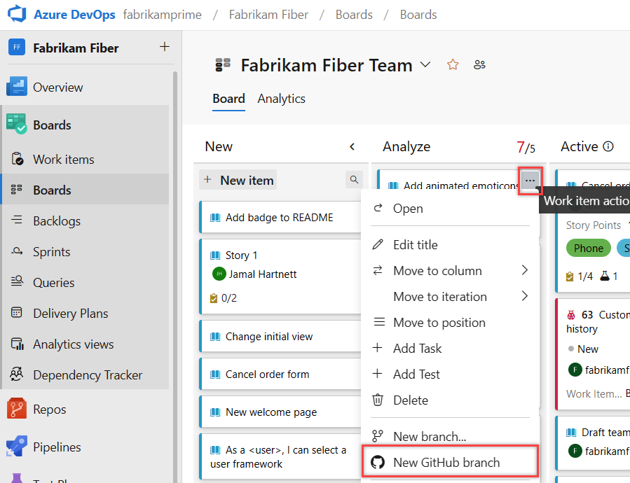 Captura de pantalla del elemento de trabajo con más acciones seleccionadas y la opción de 'Nueva rama de GitHub' resaltada.