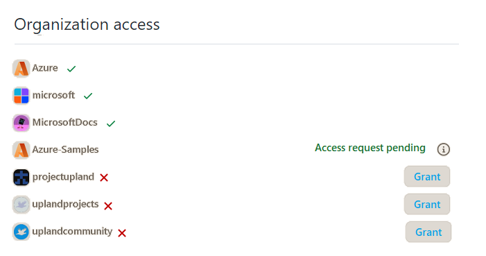 Captura de pantalla que muestra Acceso a la organización con organizaciones sin acceso.