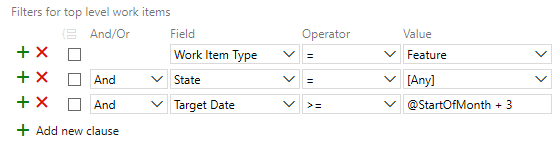 Captura de pantalla de cláusulas del editor de consultas para las características programadas para completarse en los próximos tres meses.