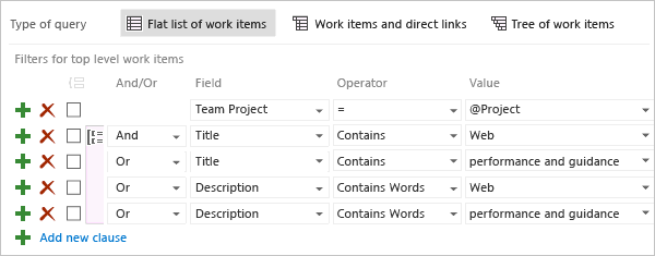 Captura de pantalla que muestra el editor de una consulta de lista plana que se usa para filtrar palabras clave.