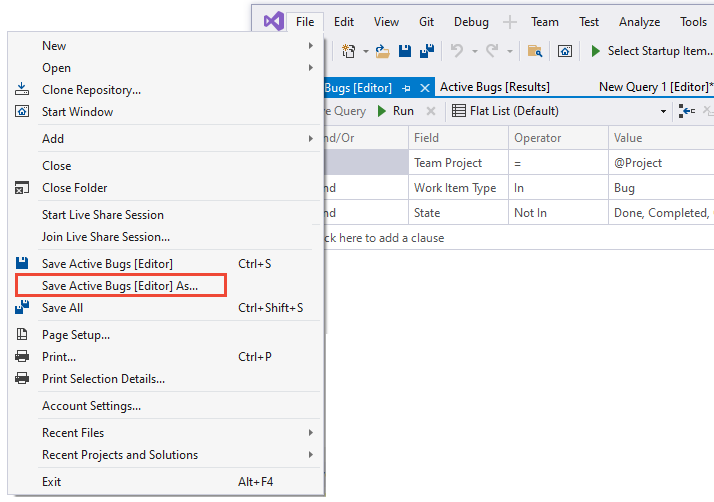 Captura de pantalla del menú Archivo de Visual Studio >, guardar consulta como selección.