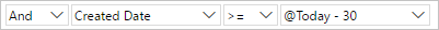 Screenshot que muestra la cláusula Editor de Power Query para buscar elementos creados en los últimos 30 días.