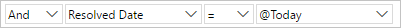 Screenshot que muestra la cláusula Editor de Power Query para buscar elementos resueltos hoy.